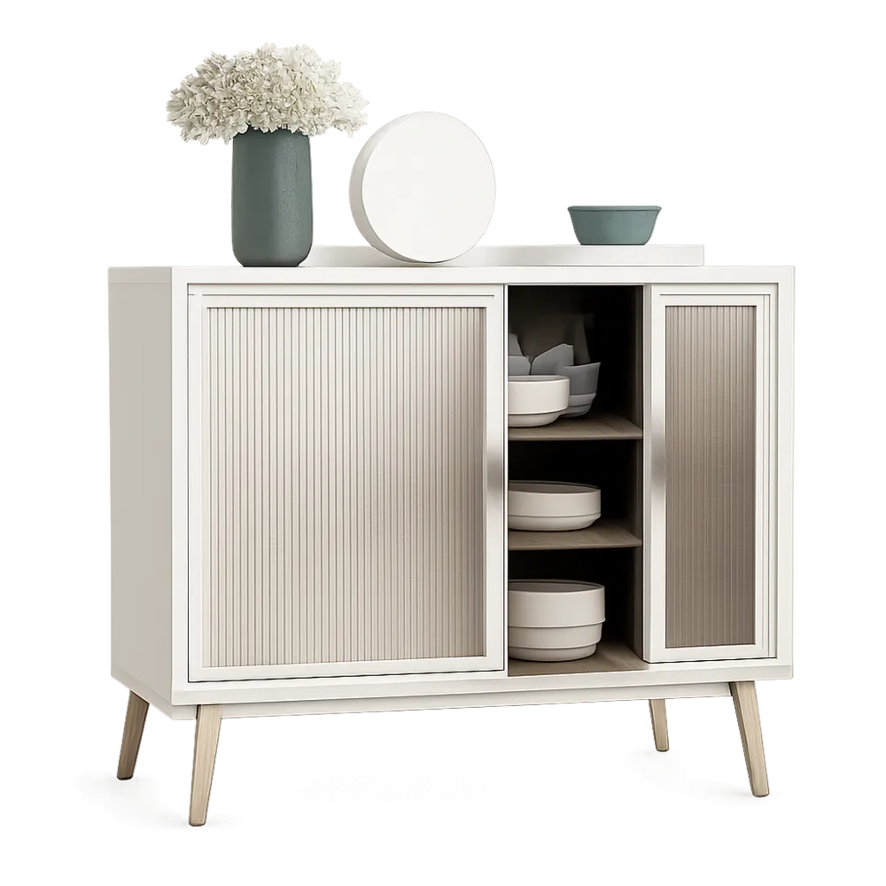 Sideboard mit 2 Schiebetüren und offenen Fächern Holzwerkstoff MDF rechteckig Weiß Beige Naturholz 120 x 40 x 90 cm