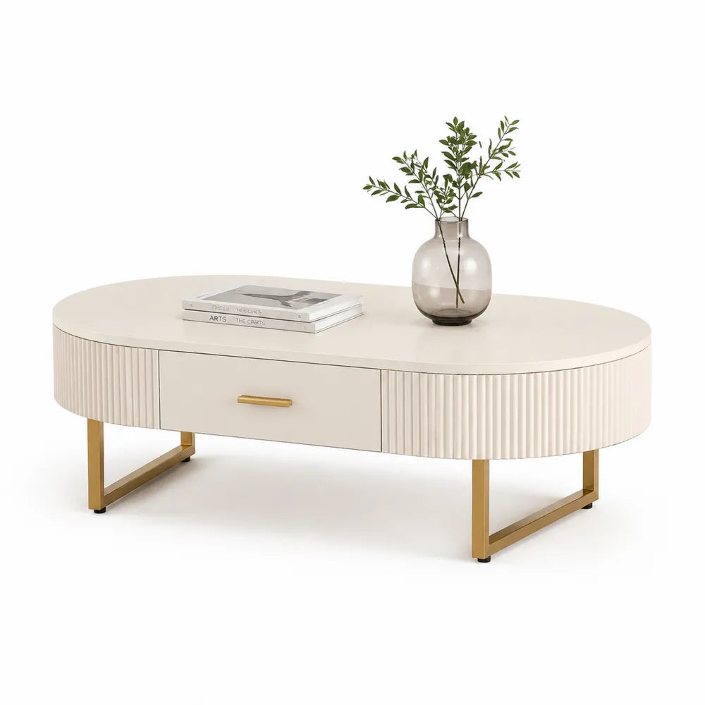 Couchtisch oval 110 cm x 55 cm x 40 cm MDF cremefarben mit Schublade und Metallgestell goldfarben