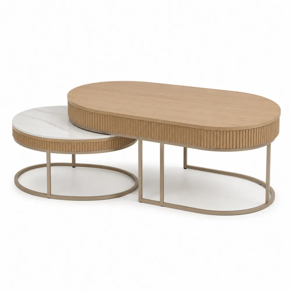 Couchtisch 2er Set verschachtelbar oval rund MDF Holzoptik Natur 120 cm x 60 cm x 42 cm Gold Metallgestell Weiß Marmoroptik