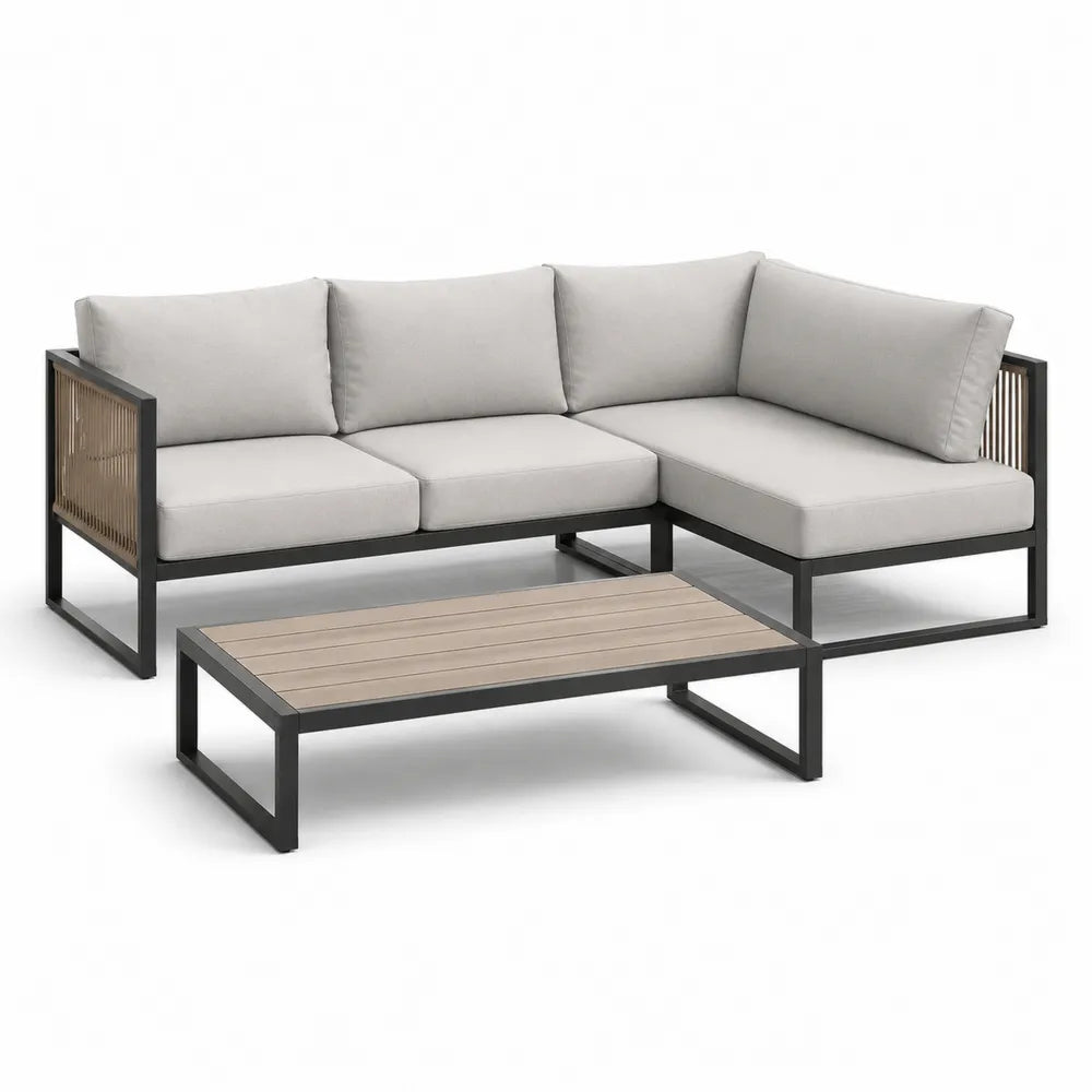Gartenmöbel Set L-Form 3-teilig mit Couchtisch Aluminium Polyester Kissen Schwarz Beige 220 x 150 x 75 cm rechteckig