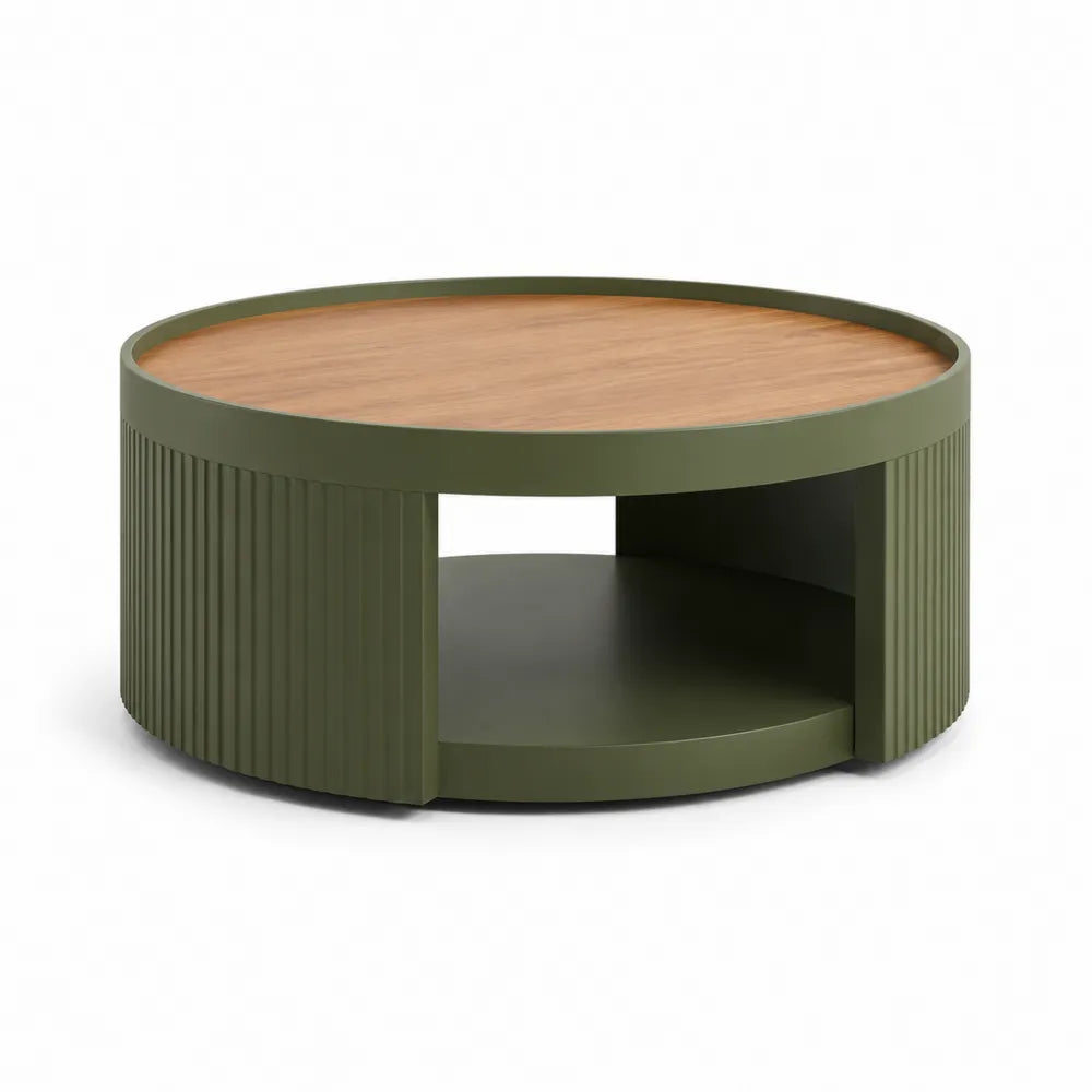 Couchtisch rund Ø 80 cm x 38 cm MDF Spanplatte Naturholz Olivgrün mit Ablagefach runde Form