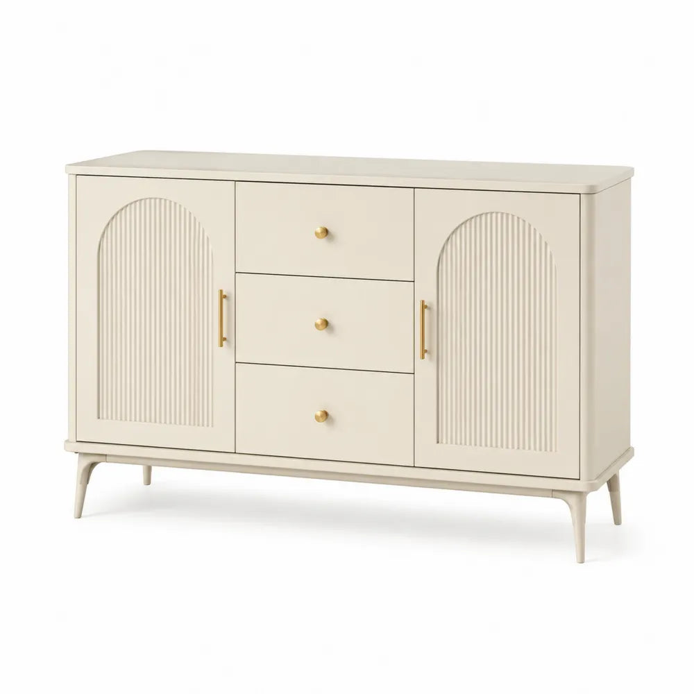 Sideboard Aufbewahrungsschrank 2 Türen 3 Schubladen geriffelte Bogenfront MDF Holzwerkstoff Creme Beige Gold 150 cm x 40 cm x 85 cm