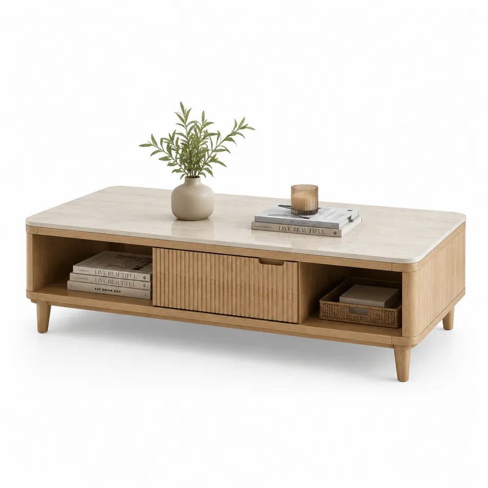 Couchtisch mit Stauraum 110 cm x 60 cm x 42 cm Holz MDF Spanplatte Steinoptik Naturholz Beige rechteckig mit Schublade und offenen Fächern