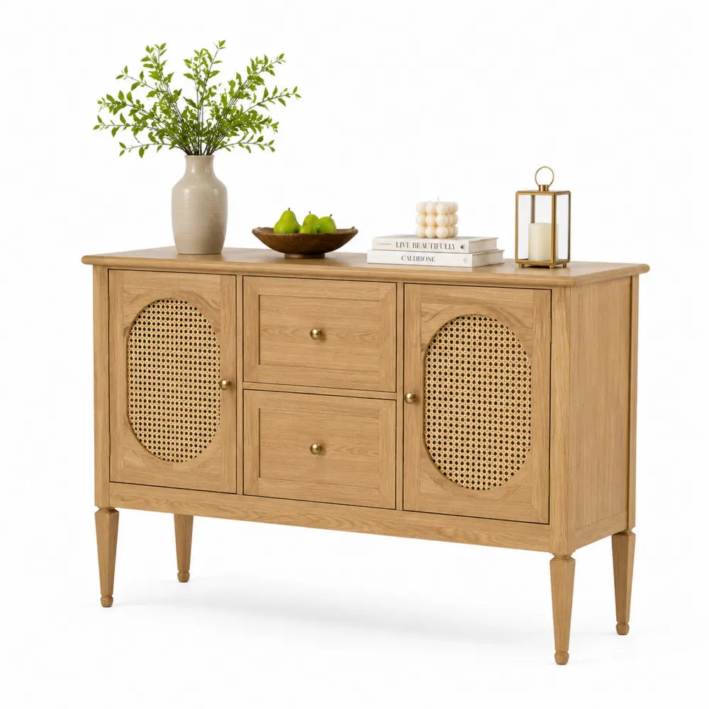 Sideboard Eichefarben Naturholz Rattan Türen Schubladen Rechteckig 120 cm 40 cm 90 cm