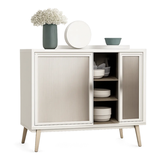 Sideboard mit 2 Schiebetüren und offenen Fächern Holzwerkstoff MDF rechteckig Weiß Beige Naturholz 120 x 40 x 90 cm