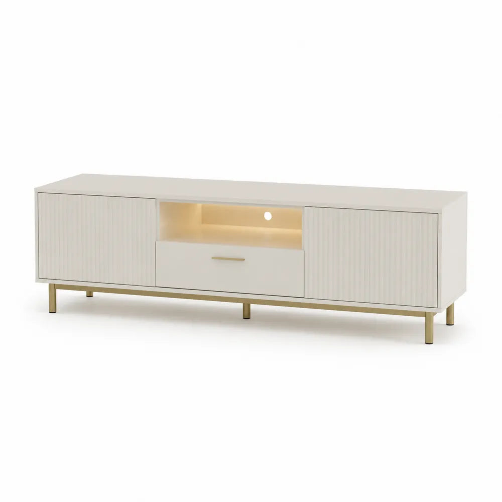 TV-Lowboard 180 cm Cremeweiß Gold mit LED Fach 2 Türen 1 Schublade rechteckig