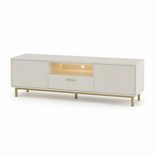 TV-Lowboard 180 cm Cremeweiß Gold mit LED Fach 2 Türen 1 Schublade rechteckig
