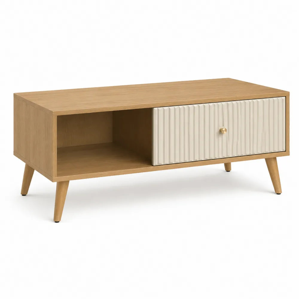 Couchtisch 110 cm x 50 cm x 45 cm Eiche Weiß Naturholz mit Schublade und offenem Fach rechteckig