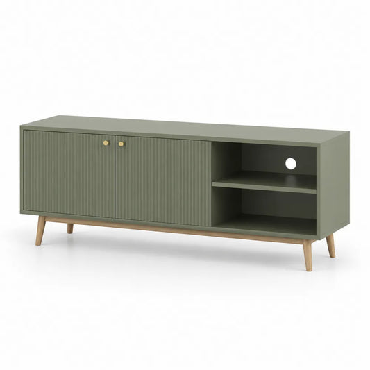 TV Lowboard 150 cm x 40 cm x 50 cm Olivgrün mit gerillten Türen und offenen Fächern MDF mit Holzbeinen Naturfarben