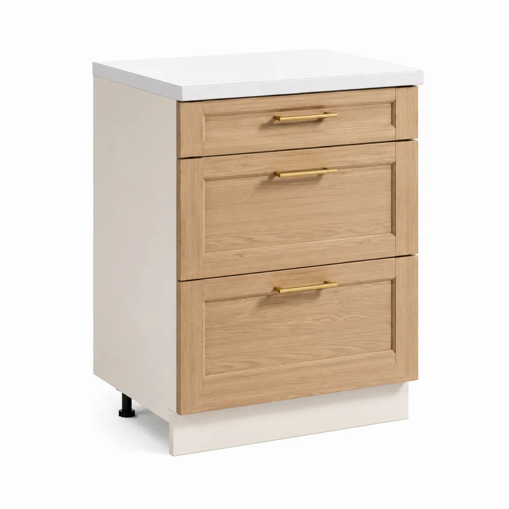 Küchenschrank Unterschrank 60 cm x 60 cm x 85 cm mit 3 Schubladen MDF Spanplatte Weiß Eichenholzoptik Goldgriffe rechteckig