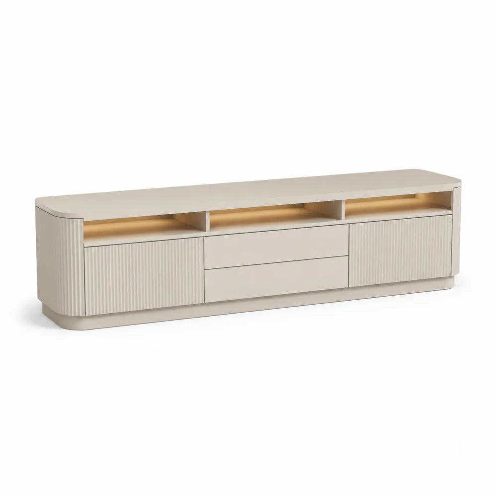 TV Lowboard 180 x 40 x 50 cm mit Schubladen Türen offenen Fächern MDF Holzoptik Beige LED Beleuchtung