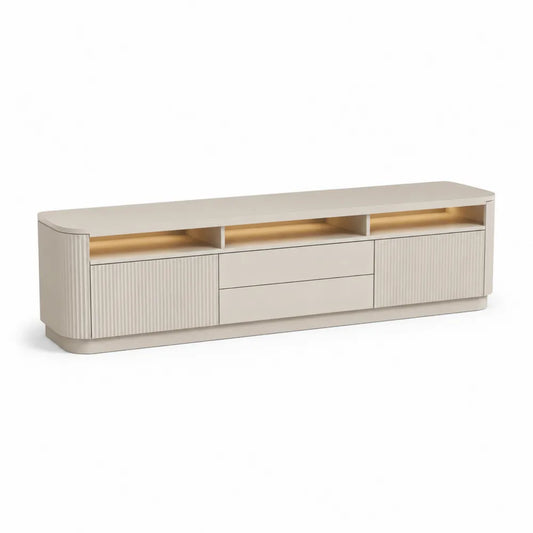 TV Lowboard 180 x 40 x 50 cm mit Schubladen Türen offenen Fächern MDF Holzoptik Beige LED Beleuchtung