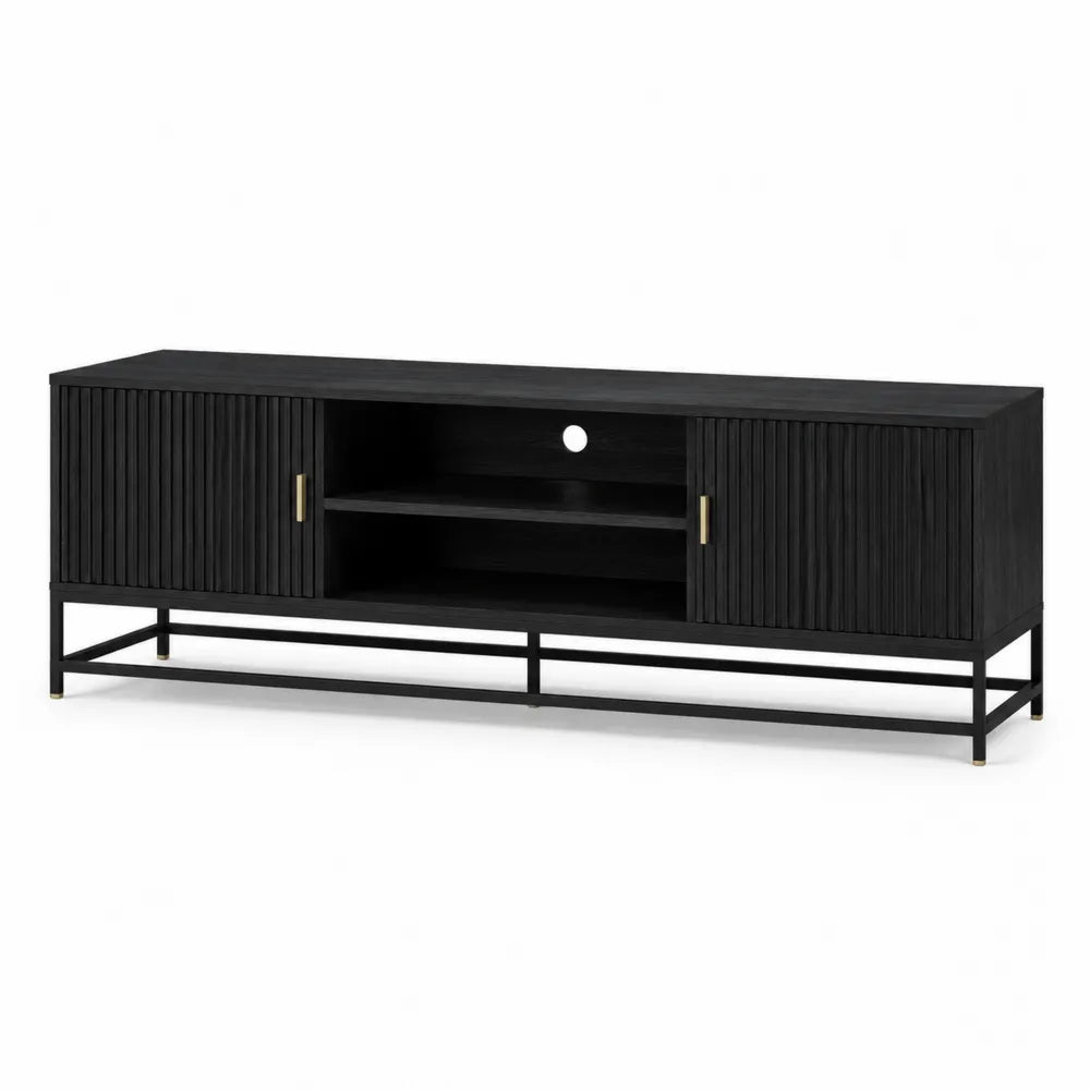 TV Lowboard 2 Türen Lamellenfront MDF Spanplatte Metallgestell Schwarz Gold rechteckig 180 cm x 40 cm x 50 cm