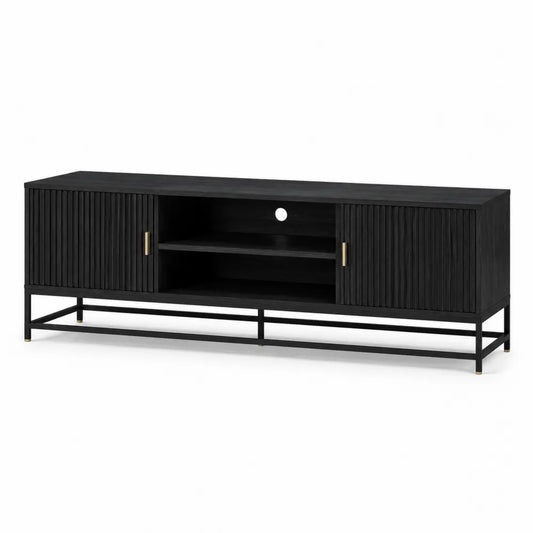 TV Lowboard 2 Türen Lamellenfront MDF Spanplatte Metallgestell Schwarz Gold rechteckig 180 cm x 40 cm x 50 cm