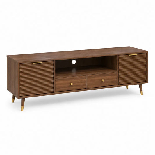 TV Lowboard 180 x 40 x 50 cm mit 2 Türen 2 Schubladen offenem Fach MDF Holzoptik Walnussbraun Gold rechteckig