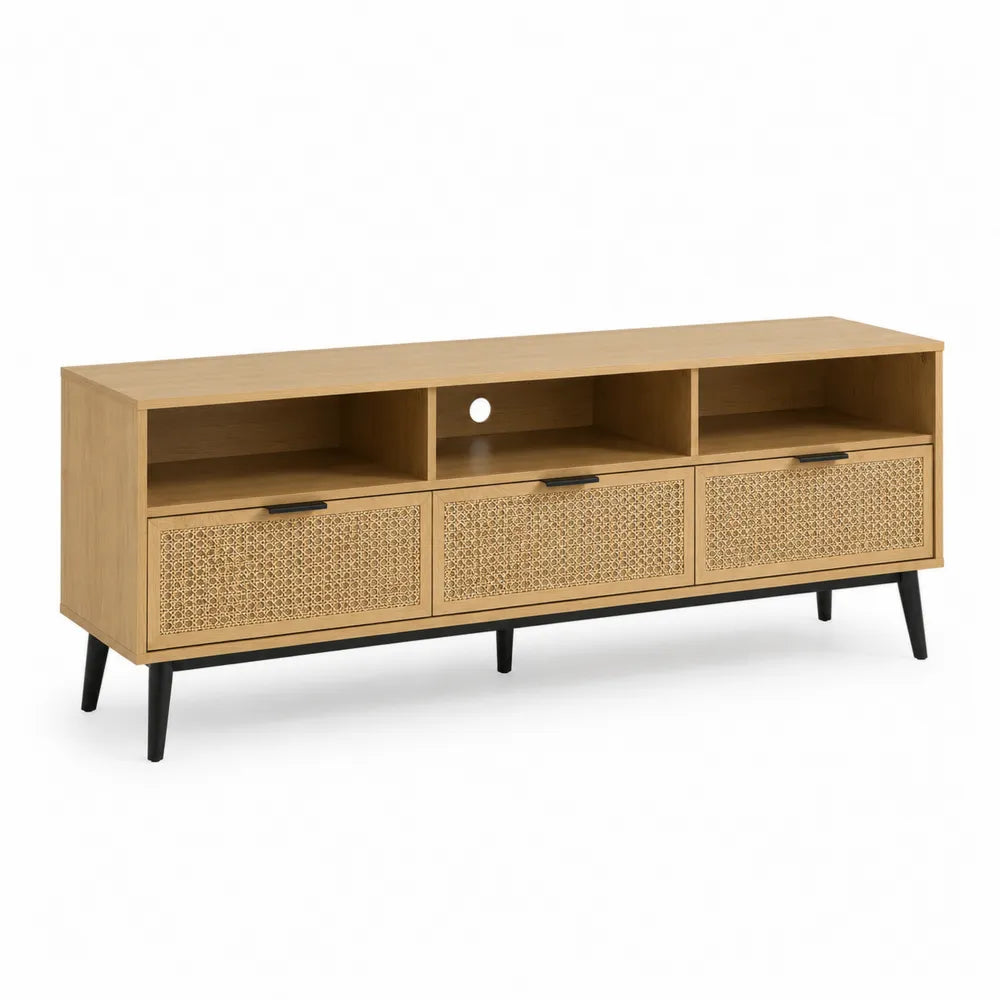 TV Lowboard 180 x 40 x 50 cm mit 3 Rattan Schubladen offenen Fächern Holzoptik Eiche hell Schwarz rechteckig