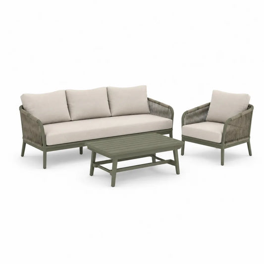 Gartensofa Set 3-teilig 210 cm x 75 cm x 75 cm Aluminium Grün Beige rechteckig 3-Sitzer Sessel Couchtisch