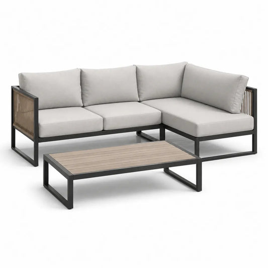 Gartenmöbel Set L-Form 3-teilig mit Couchtisch Aluminium Polyester Kissen Schwarz Beige 220 x 150 x 75 cm rechteckig