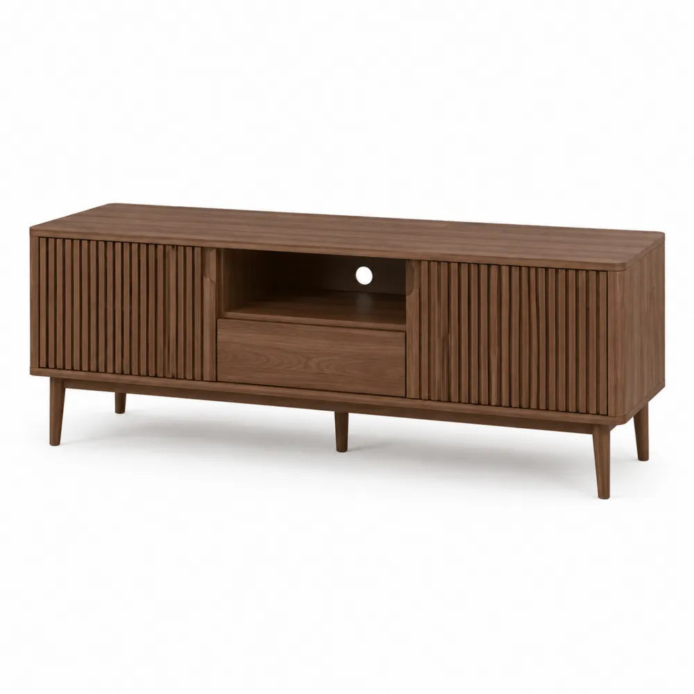TV Lowboard 180 x 40 x 50 cm Walnuss Holzwerkstoff mit 2 Türen 1 Schublade offenem Fach Holzbeine rechteckig