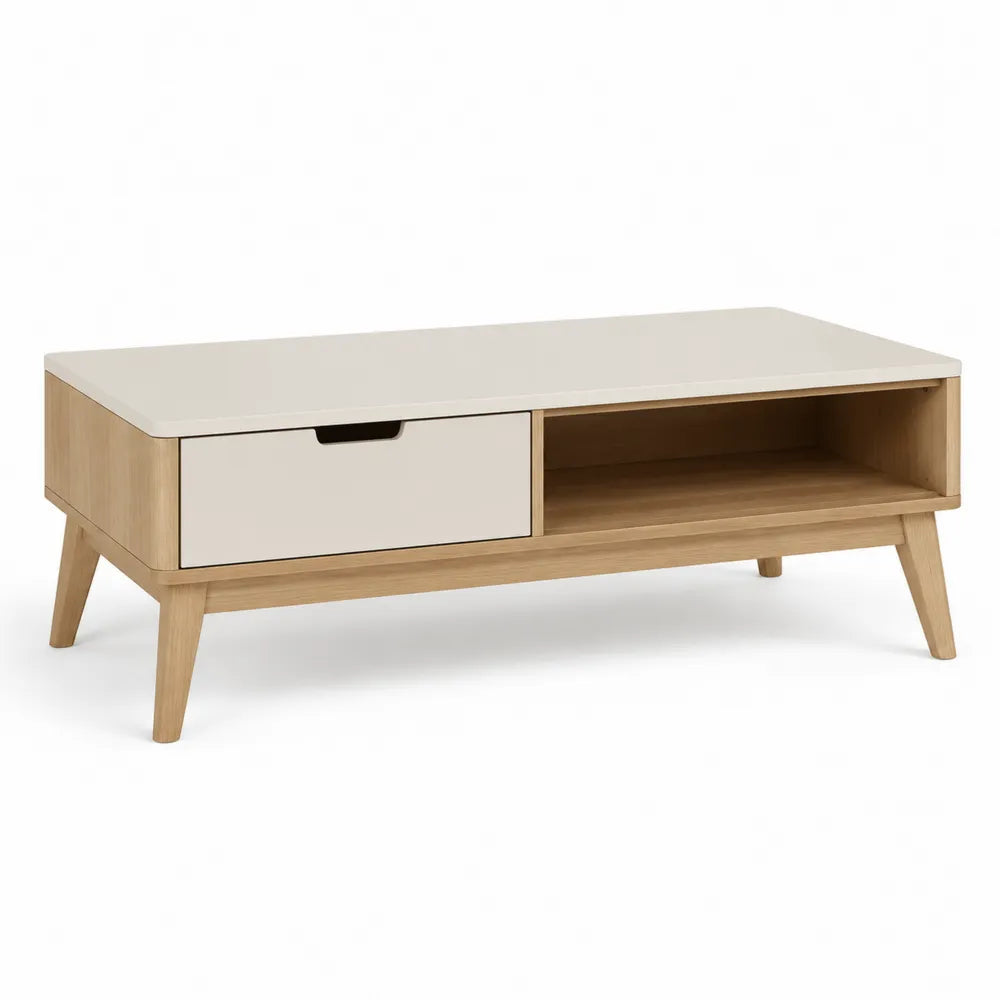 Couchtisch 110 cm x 50 cm x 45 cm Naturholz Cremeweiß mit Schublade und offenem Fach MDF rechteckig
