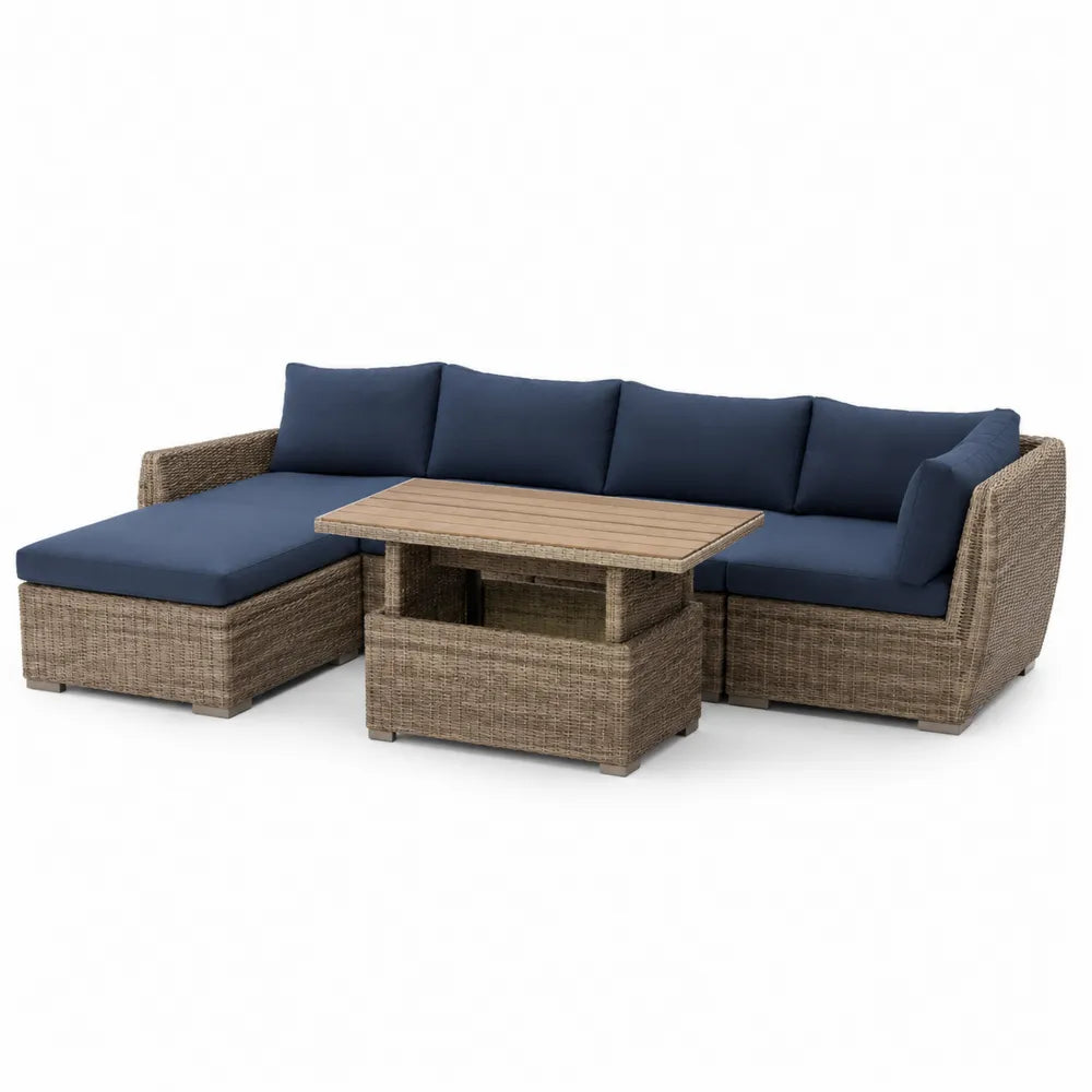 Gartenlounge Set L-Form 3-teilig Sofa mit Chaiselongue und Couchtisch Aluminium PE-Rattan 230 cm x 160 cm x 70 cm Blau Braun rechteckig mit Kissen