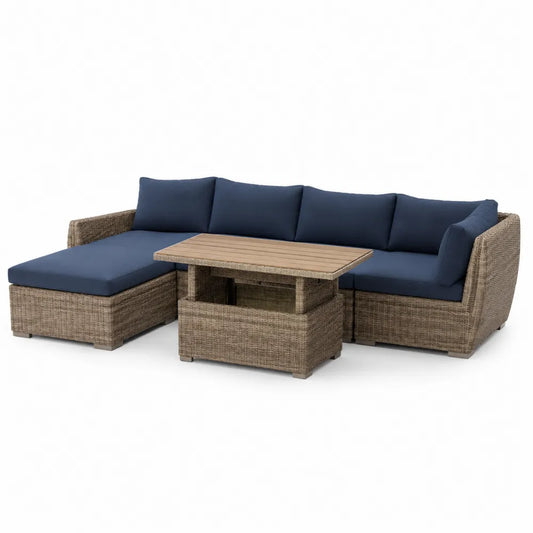 Gartenlounge Set L-Form 3-teilig Sofa mit Chaiselongue und Couchtisch Aluminium PE-Rattan 230 cm x 160 cm x 70 cm Blau Braun rechteckig mit Kissen
