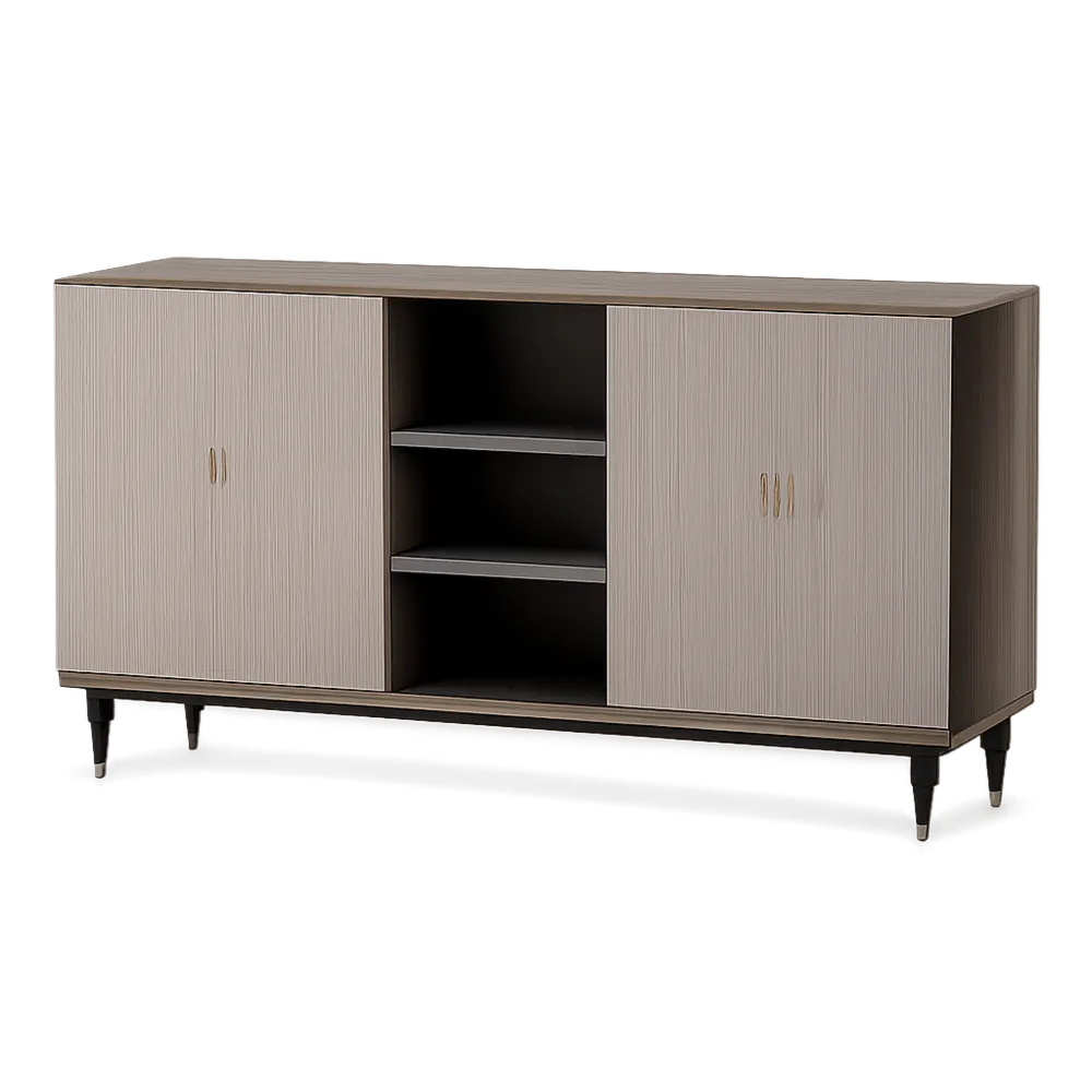 Sideboard mit 2 Türen und offenem Fach Rillenfront Holzwerkstoff Greige Naturholz Schwarz Gold 160 x 40 x 80 cm
