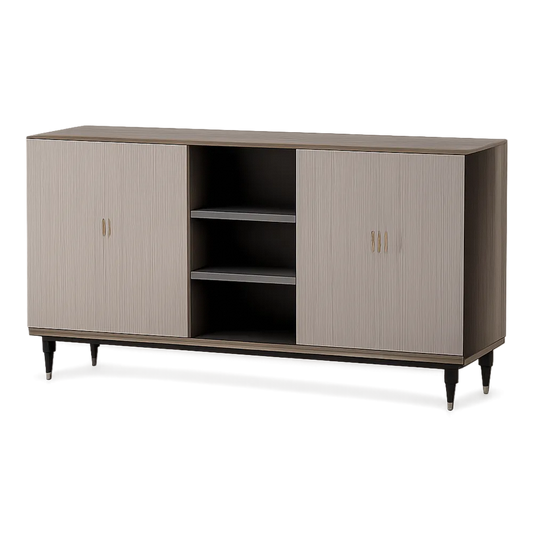 Sideboard mit 2 Türen und offenem Fach Rillenfront Holzwerkstoff Greige Naturholz Schwarz Gold 160 x 40 x 80 cm