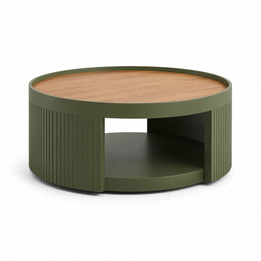 Couchtisch rund Ø 80 cm x 38 cm MDF Spanplatte Naturholz Olivgrün mit Ablagefach runde Form