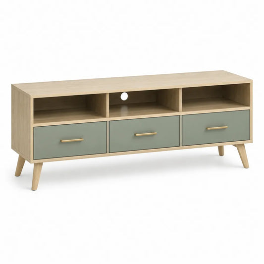 TV Lowboard Holzoptik 120 cm x 39 cm x 48 cm Spanplatte MDF Salbeigrün Naturholz rechteckig mit 3 Schubladen und offenen Fächern