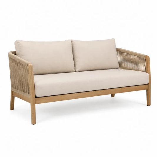 Gartensofa 2-Sitzer 150 cm x 75 cm x 75 cm mit Kissen und Seilbespannung Beige Naturholz rechteckig
